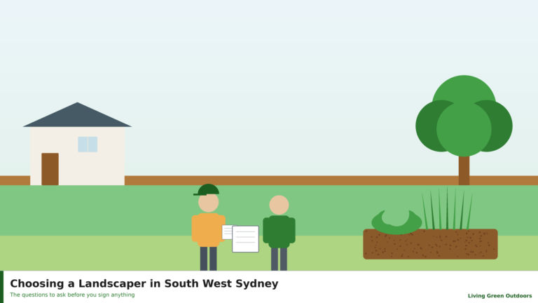 A landscaper and homeowner discussing plans in a South West Sydney yard